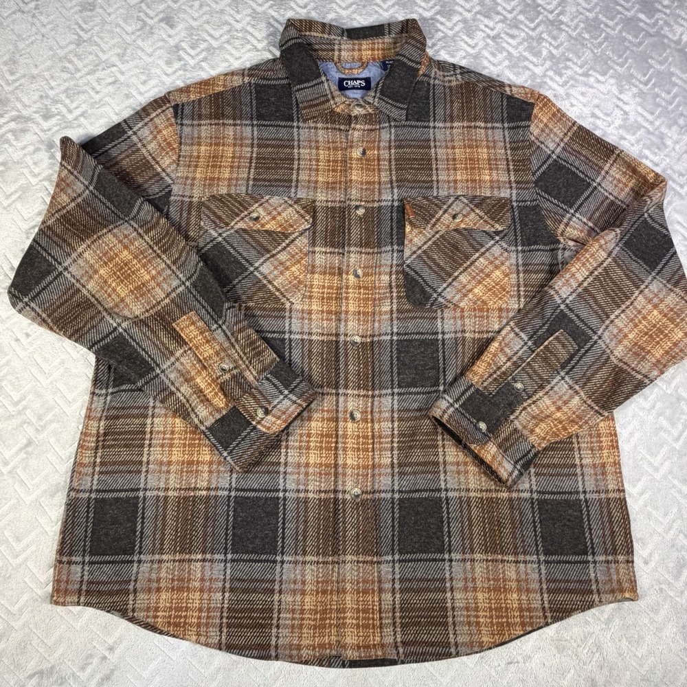 Chaps Men Shirt XL Brown Orange Plaid Soft Knit Flannel Heavy Button-Up Shacket